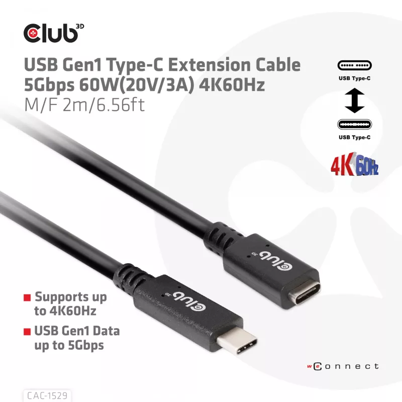 CLUB3D USB Gen1 Type-C Przedłużacz 5Gbps 60W(20V/3A) 4K60Hz M/F 2m/6.56ft