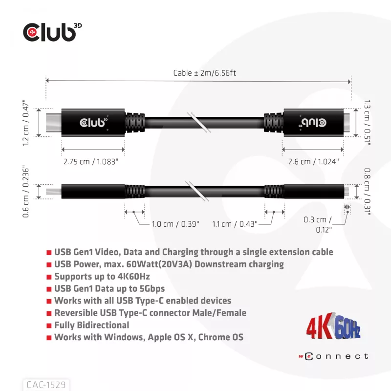 CLUB3D USB Gen1 Type-C Przedłużacz 5Gbps 60W(20V/3A) 4K60Hz M/F 2m/6.56ft