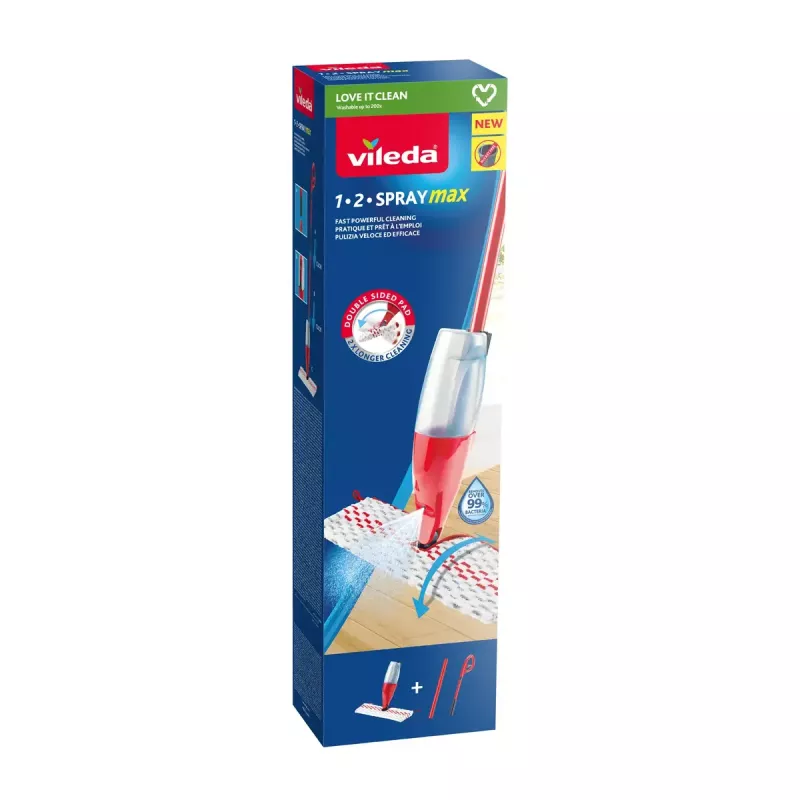 Mop VILEDA Spray Max z mikrofibry, do czyszczenia na sucho i mokro — głowica z tworzywa sztucznego, zbiornik na wodę 0,6 l, antybakteryjny, biało-czerwony