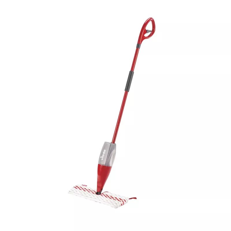 Mop VILEDA Spray Max z mikrofibry, do czyszczenia na sucho i mokro — głowica z tworzywa sztucznego, zbiornik na wodę 0,6 l, antybakteryjny, biało-czerwony