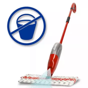 Mop VILEDA Spray Max z mikrofibry, do czyszczenia na sucho i mokro — głowica z tworzywa sztucznego, zbiornik na wodę 0,6 l, antybakteryjny, biało-czerwony