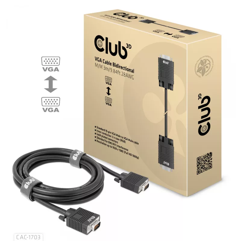 Kabel VGA dwukierunkowy M/M 3 m 28AWG CLUB3D CAC-1703