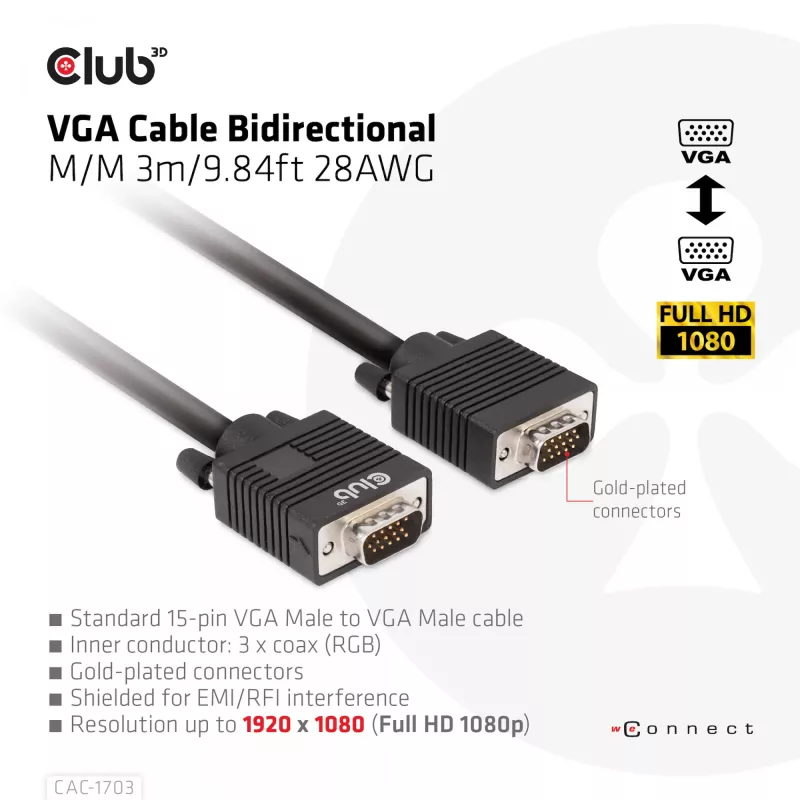Kabel VGA dwukierunkowy M/M 3 m 28AWG CLUB3D CAC-1703