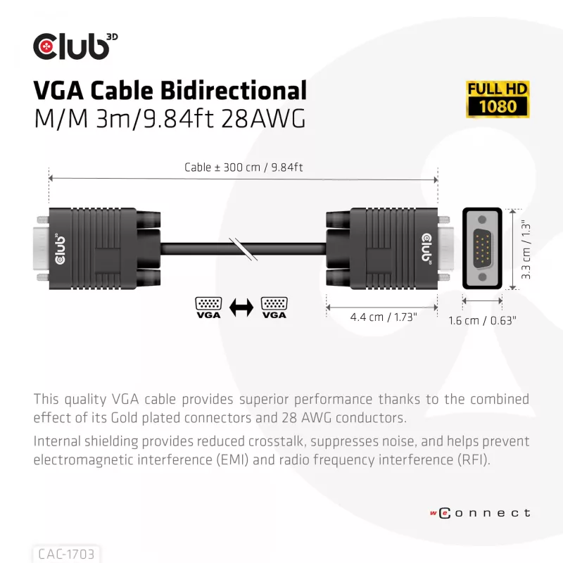 Kabel VGA dwukierunkowy M/M 3 m 28AWG CLUB3D CAC-1703
