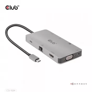 HUB CLUB3D USB Gen1 Type-C 9-in-1 z HDMI, VGA, 2x USB Gen1 Type-A, RJ45, slotami kart SD/Micro SD oraz żeńskim portem USB Gen1 Type-C
