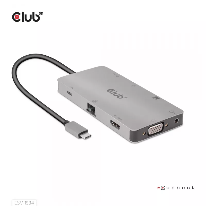 HUB CLUB3D USB Gen1 Type-C 9-in-1 z HDMI, VGA, 2x USB Gen1 Type-A, RJ45, slotami kart SD/Micro SD oraz żeńskim portem USB Gen1 Type-C