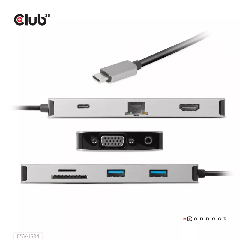 HUB CLUB3D USB Gen1 Type-C 9-in-1 z HDMI, VGA, 2x USB Gen1 Type-A, RJ45, slotami kart SD/Micro SD oraz żeńskim portem USB Gen1 Type-C