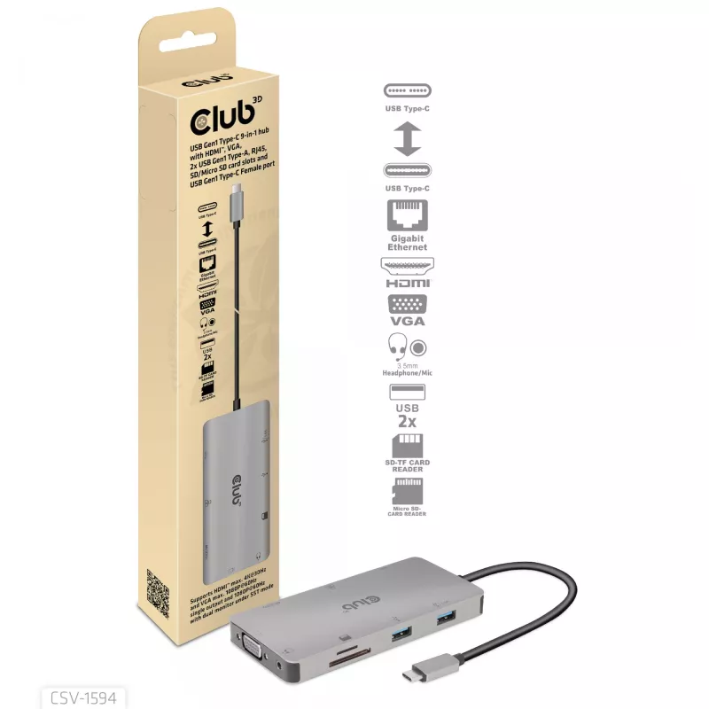 HUB CLUB3D USB Gen1 Type-C 9-in-1 z HDMI, VGA, 2x USB Gen1 Type-A, RJ45, slotami kart SD/Micro SD oraz żeńskim portem USB Gen1 Type-C
