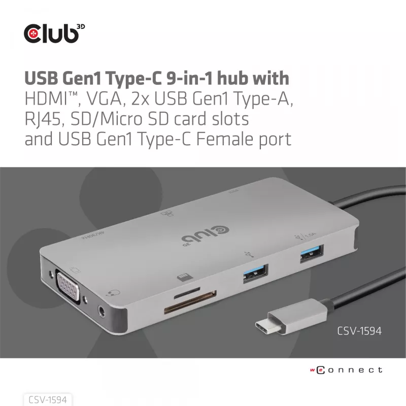 HUB CLUB3D USB Gen1 Type-C 9-in-1 z HDMI, VGA, 2x USB Gen1 Type-A, RJ45, slotami kart SD/Micro SD oraz żeńskim portem USB Gen1 Type-C