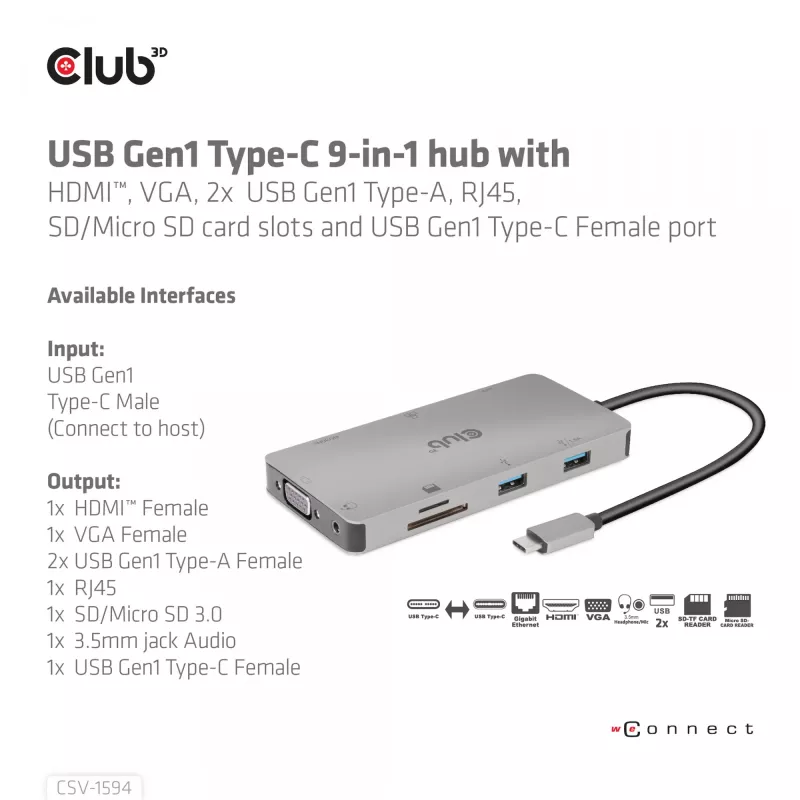HUB CLUB3D USB Gen1 Type-C 9-in-1 z HDMI, VGA, 2x USB Gen1 Type-A, RJ45, slotami kart SD/Micro SD oraz żeńskim portem USB Gen1 Type-C