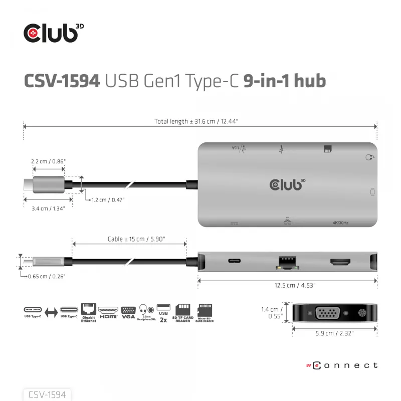HUB CLUB3D USB Gen1 Type-C 9-in-1 z HDMI, VGA, 2x USB Gen1 Type-A, RJ45, slotami kart SD/Micro SD oraz żeńskim portem USB Gen1 Type-C