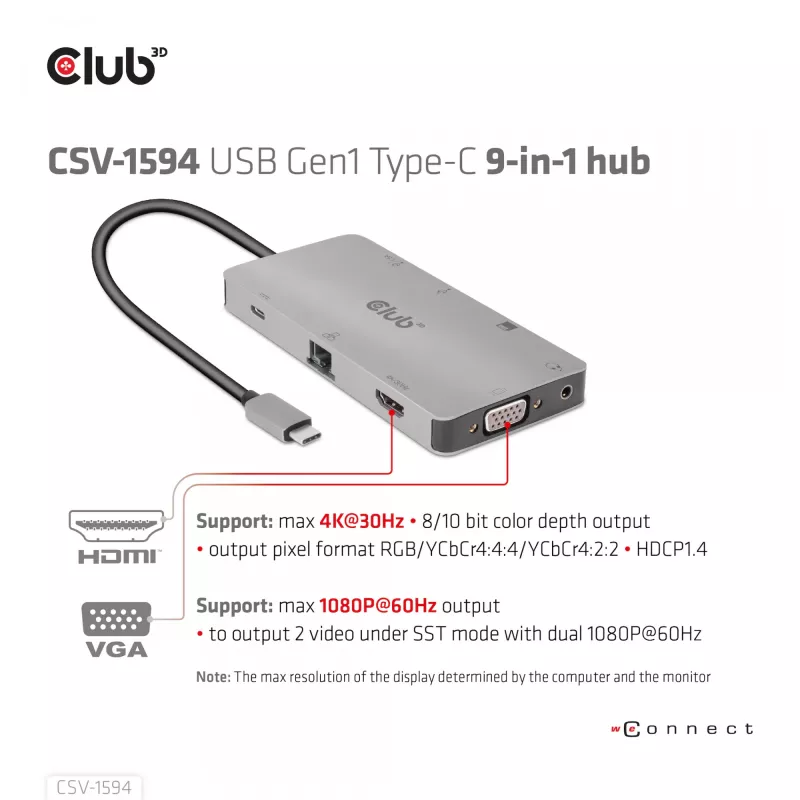 HUB CLUB3D USB Gen1 Type-C 9-in-1 z HDMI, VGA, 2x USB Gen1 Type-A, RJ45, slotami kart SD/Micro SD oraz żeńskim portem USB Gen1 Type-C
