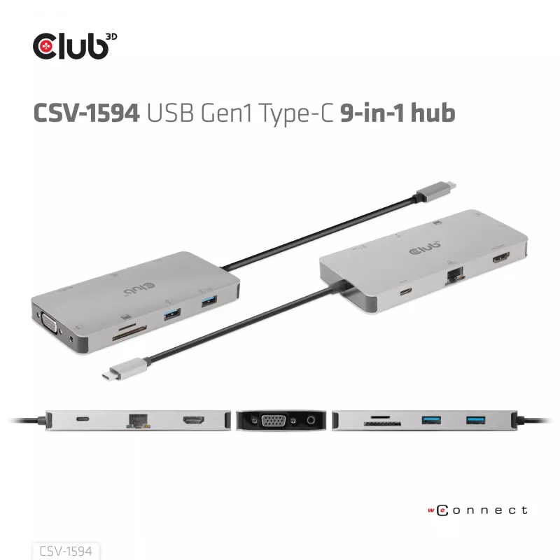 HUB CLUB3D USB Gen1 Type-C 9-in-1 z HDMI, VGA, 2x USB Gen1 Type-A, RJ45, slotami kart SD/Micro SD oraz żeńskim portem USB Gen1 Type-C