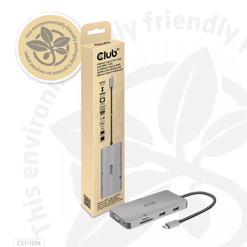 HUB CLUB3D USB Gen1 Type-C 9-in-1 z HDMI, VGA, 2x USB Gen1 Type-A, RJ45, slotami kart SD/Micro SD oraz żeńskim portem USB Gen1 Type-C