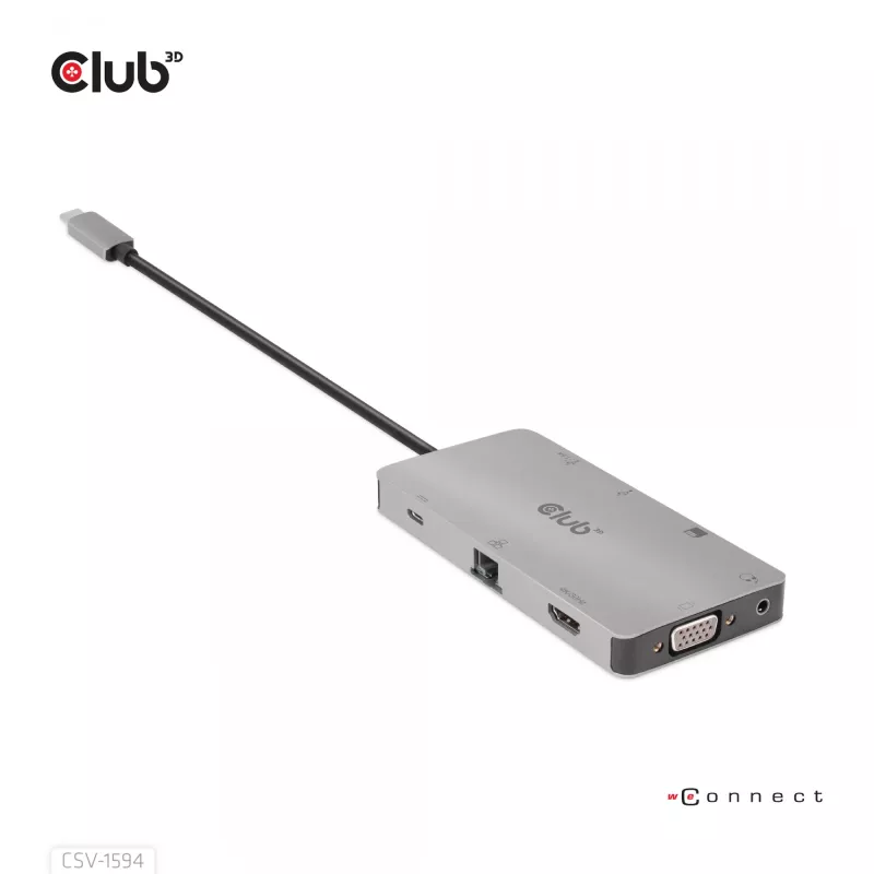 HUB CLUB3D USB Gen1 Type-C 9-in-1 z HDMI, VGA, 2x USB Gen1 Type-A, RJ45, slotami kart SD/Micro SD oraz żeńskim portem USB Gen1 Type-C