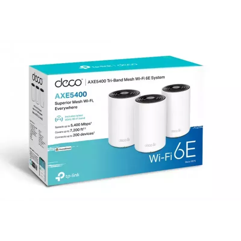 Router TP‑LINK AXE5400 Mesh Wi‑Fi 6E system — Tri‑Band 2.4/5/6 GHz, zasięg do 670 m², 3× LAN, 4 anteny wewnętrzne