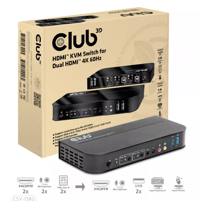 Przełącznik KVM CLUB3D CSV-1382 Dual HDMI 4K 60Hz USB