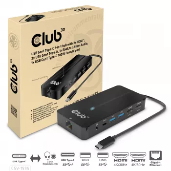 CLUB3D Hub 7-w-1 Type-C z 2x HDMI, 2x USB Gen1 Type-A, 1x RJ45, 1x Audio 3.5mm, 1x USB Gen1 Type-C 100W żeńskie