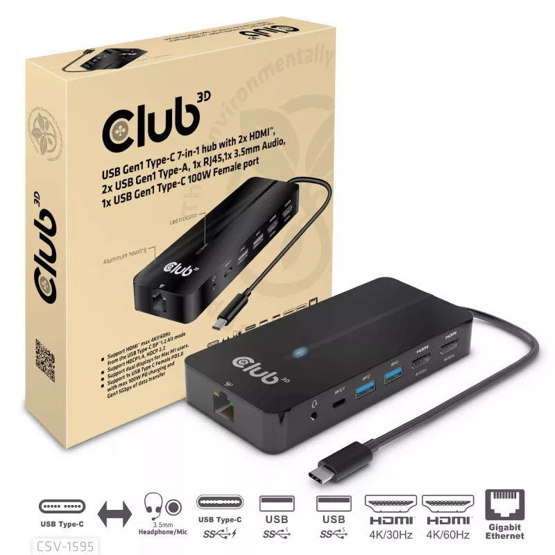 CLUB3D Hub 7-w-1 Type-C z 2x HDMI, 2x USB Gen1 Type-A, 1x RJ45, 1x Audio 3.5mm, 1x USB Gen1 Type-C 100W żeńskie