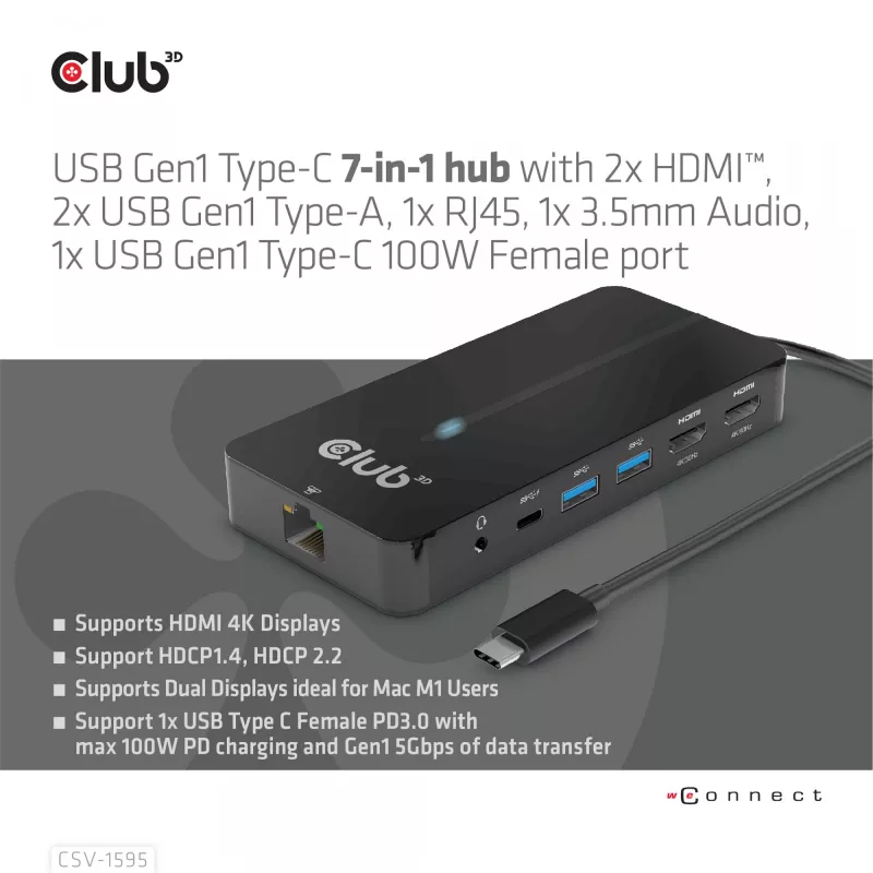 CLUB3D Hub 7-w-1 Type-C z 2x HDMI, 2x USB Gen1 Type-A, 1x RJ45, 1x Audio 3.5mm, 1x USB Gen1 Type-C 100W żeńskie