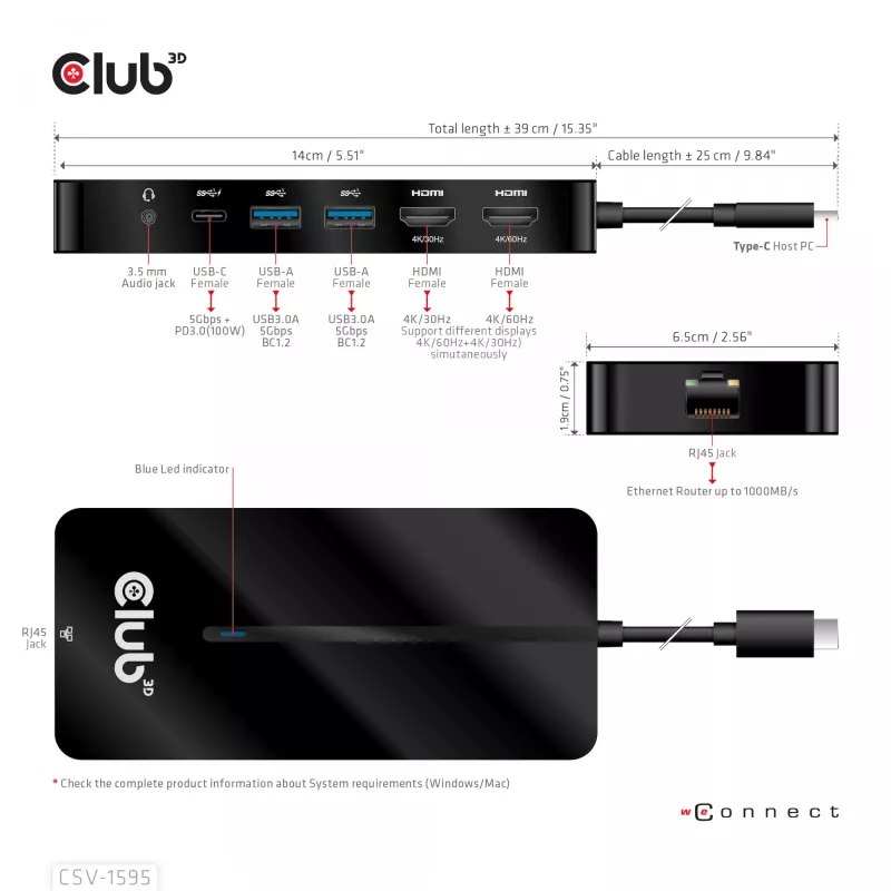 CLUB3D Hub 7-w-1 Type-C z 2x HDMI, 2x USB Gen1 Type-A, 1x RJ45, 1x Audio 3.5mm, 1x USB Gen1 Type-C 100W żeńskie