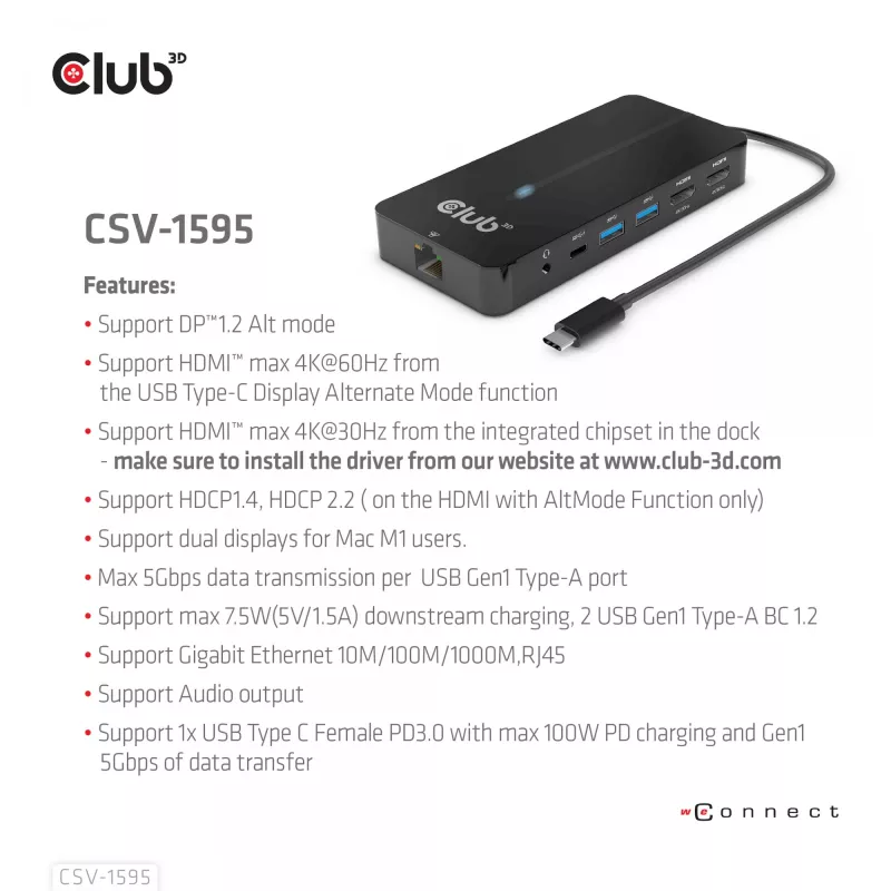 CLUB3D Hub 7-w-1 Type-C z 2x HDMI, 2x USB Gen1 Type-A, 1x RJ45, 1x Audio 3.5mm, 1x USB Gen1 Type-C 100W żeńskie