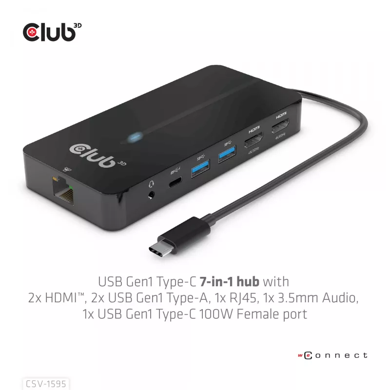 CLUB3D Hub 7-w-1 Type-C z 2x HDMI, 2x USB Gen1 Type-A, 1x RJ45, 1x Audio 3.5mm, 1x USB Gen1 Type-C 100W żeńskie