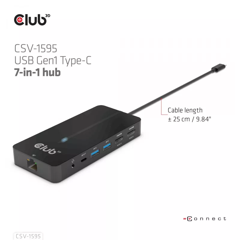 CLUB3D Hub 7-w-1 Type-C z 2x HDMI, 2x USB Gen1 Type-A, 1x RJ45, 1x Audio 3.5mm, 1x USB Gen1 Type-C 100W żeńskie