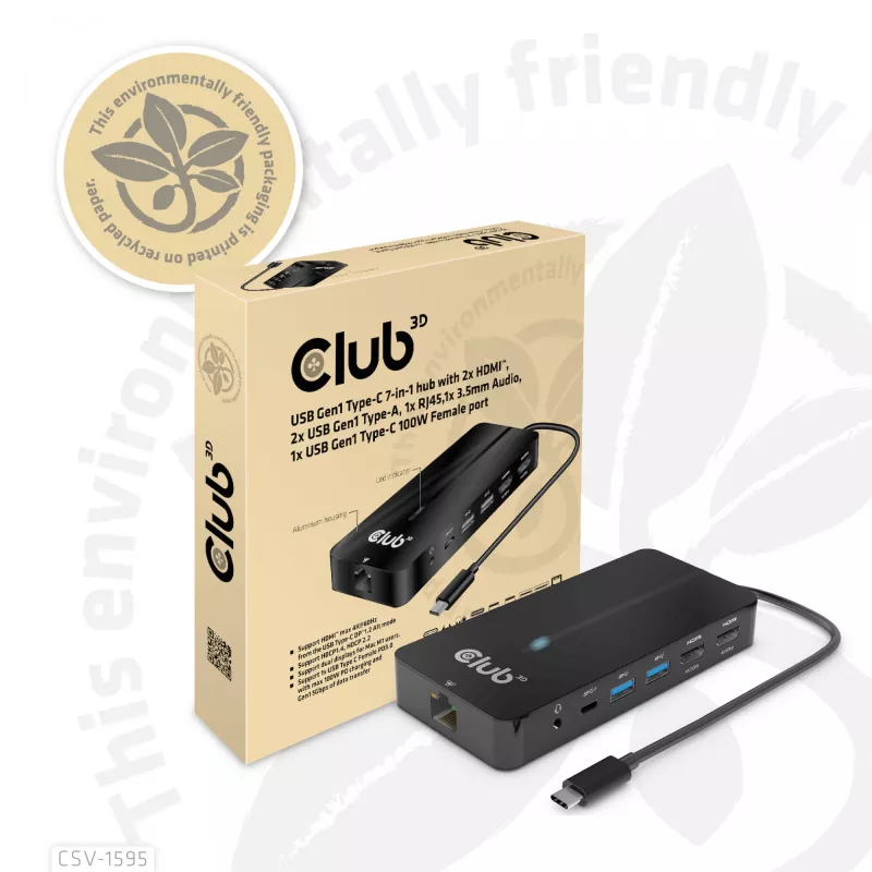 CLUB3D Hub 7-w-1 Type-C z 2x HDMI, 2x USB Gen1 Type-A, 1x RJ45, 1x Audio 3.5mm, 1x USB Gen1 Type-C 100W żeńskie