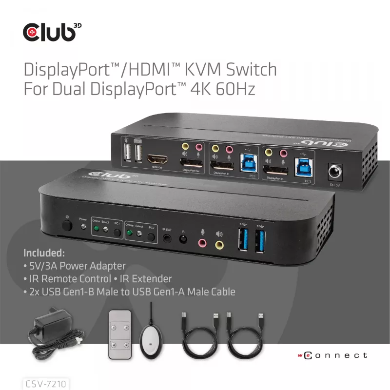 Przełącznik KVM CLUB3D DisplayPort/HDMI dla podwójnego DisplayPort 4K 60Hz