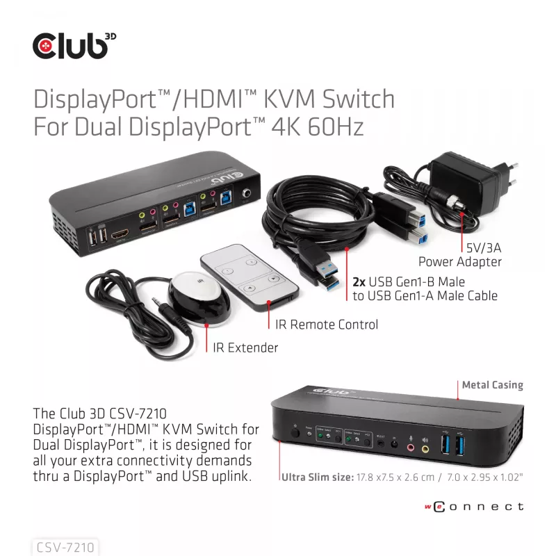 Przełącznik KVM CLUB3D DisplayPort/HDMI dla podwójnego DisplayPort 4K 60Hz