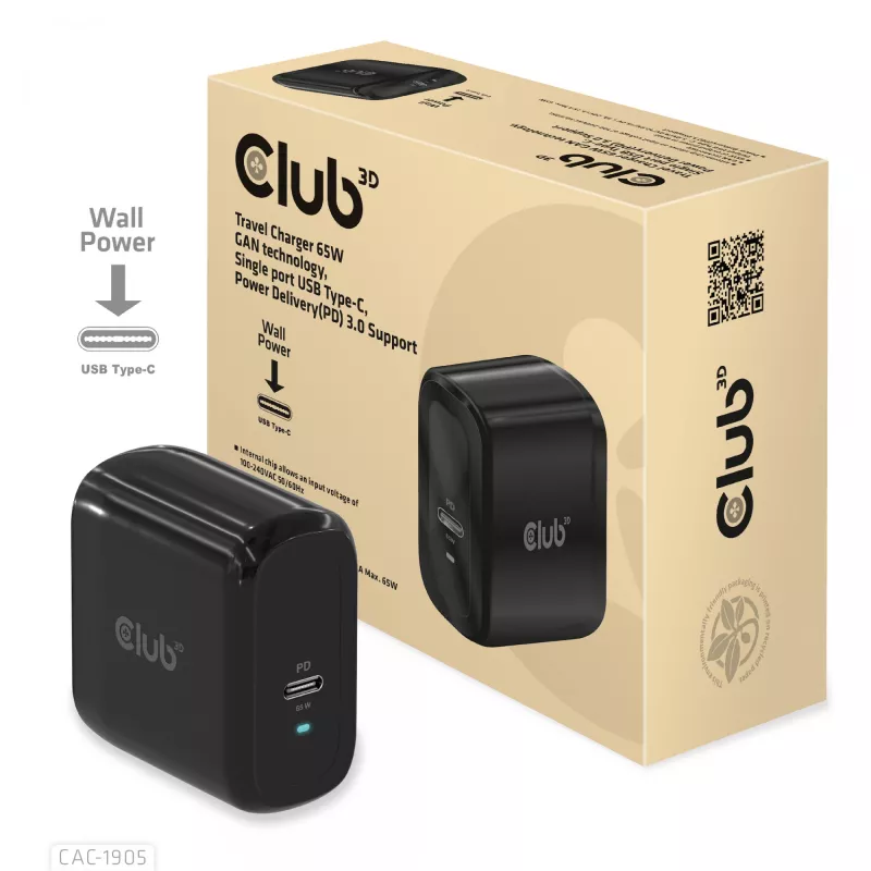 CLUB3D Travel Charger 65W technologia GAN, jeden port USB Type-C, obsługa Power Delivery (PD) 3.0