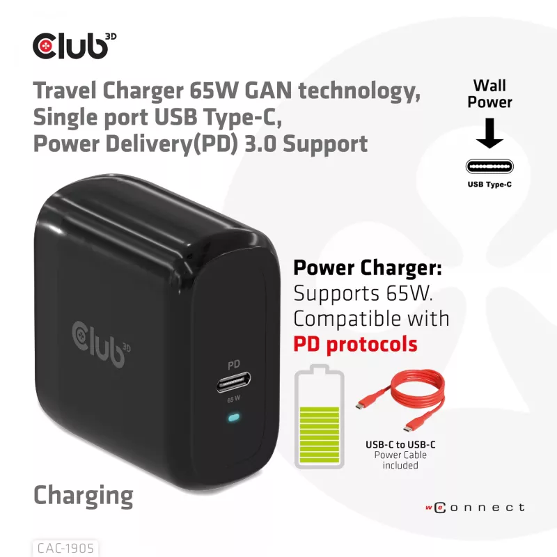 CLUB3D Travel Charger 65W technologia GAN, jeden port USB Type-C, obsługa Power Delivery (PD) 3.0