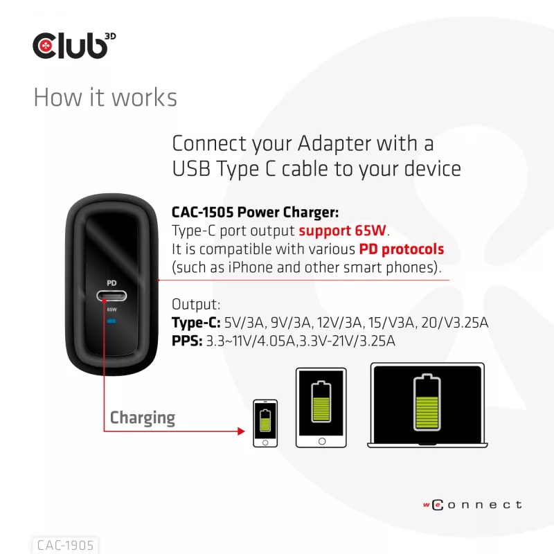 CLUB3D Travel Charger 65W technologia GAN, jeden port USB Type-C, obsługa Power Delivery (PD) 3.0
