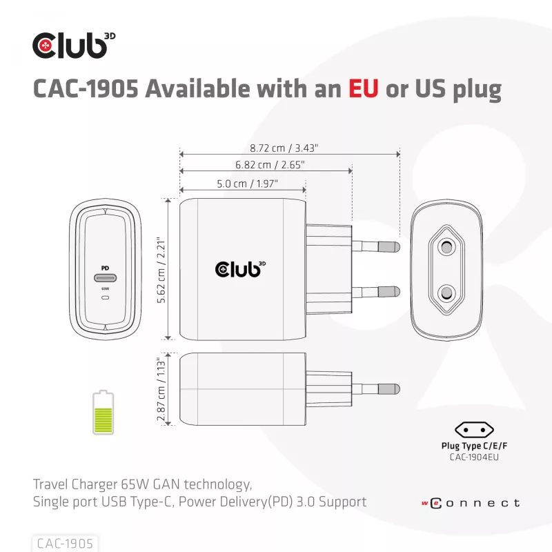 CLUB3D Travel Charger 65W technologia GAN, jeden port USB Type-C, obsługa Power Delivery (PD) 3.0