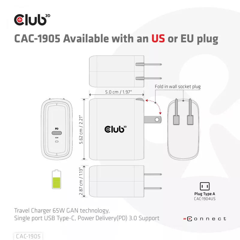 CLUB3D Travel Charger 65W technologia GAN, jeden port USB Type-C, obsługa Power Delivery (PD) 3.0