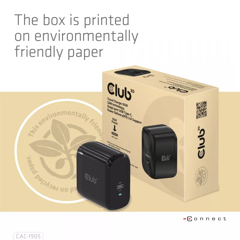 CLUB3D Travel Charger 65W technologia GAN, jeden port USB Type-C, obsługa Power Delivery (PD) 3.0