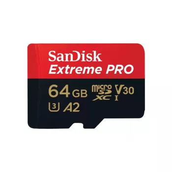 MicroSDXC flash memory SANDISK Extreme PRO 64GB UHS‑I U3 V30 A2, odczyt 200 MB/s, zapis 90–140 MB/s, zawiera adapter SD