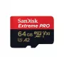 MicroSDXC flash memory SANDISK Extreme PRO 64GB UHS‑I U3 V30 A2, odczyt 200 MB/s, zapis 90–140 MB/s, zawiera adapter SD