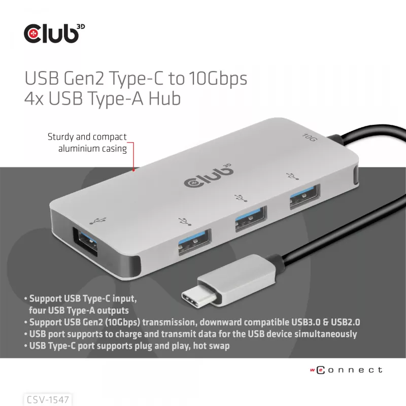 CLUB3D 4-portowy hub USB-A do USB-C – szybki transfer 10 Gbps