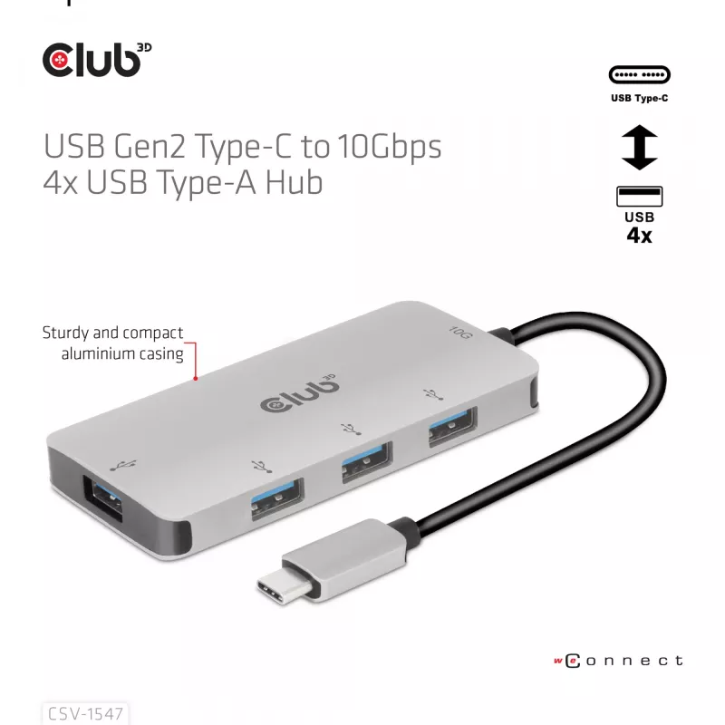 CLUB3D 4-portowy hub USB-A do USB-C – szybki transfer 10 Gbps