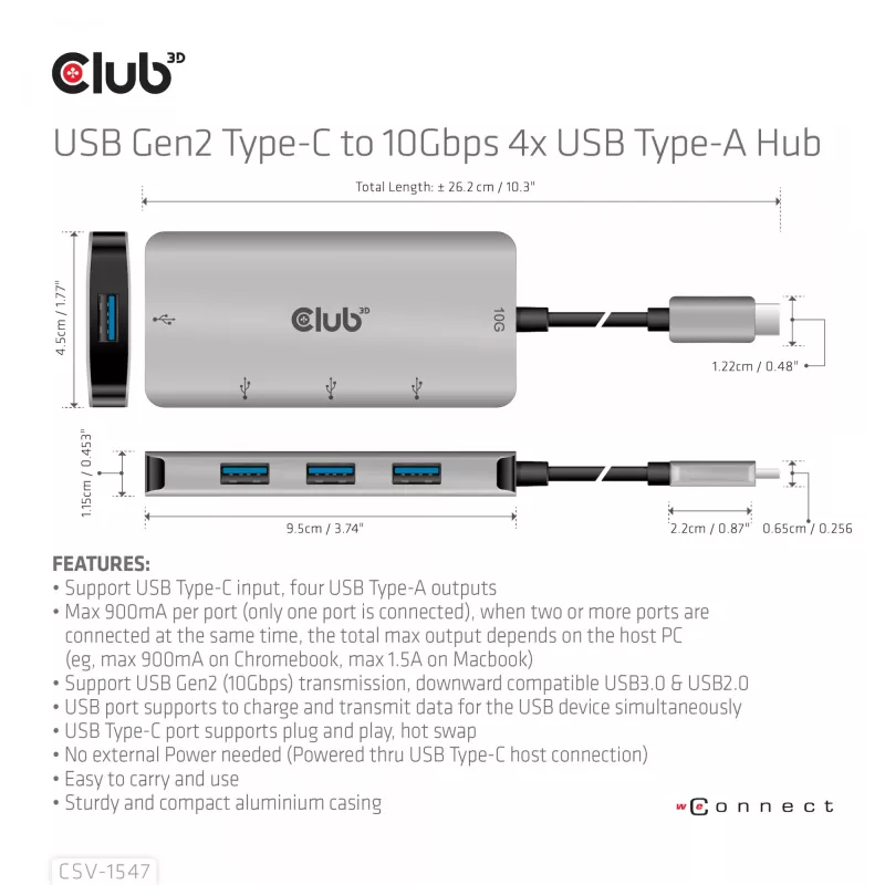 CLUB3D 4-portowy hub USB-A do USB-C – szybki transfer 10 Gbps
