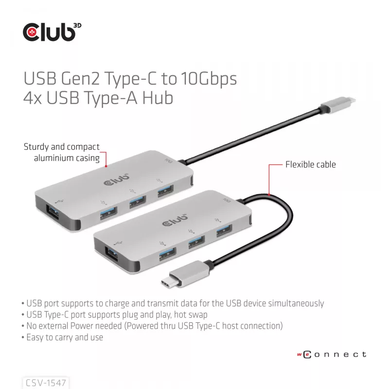 CLUB3D 4-portowy hub USB-A do USB-C – szybki transfer 10 Gbps