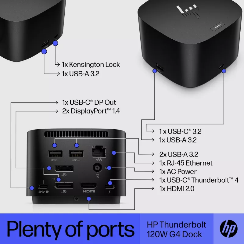 Stacja dokująca HP Thunderbolt Dock 120W G4, przewodowa, Thunderbolt 4, czarna, Kensington, Chiny, Tajlandia, Tajwan, biznesowa