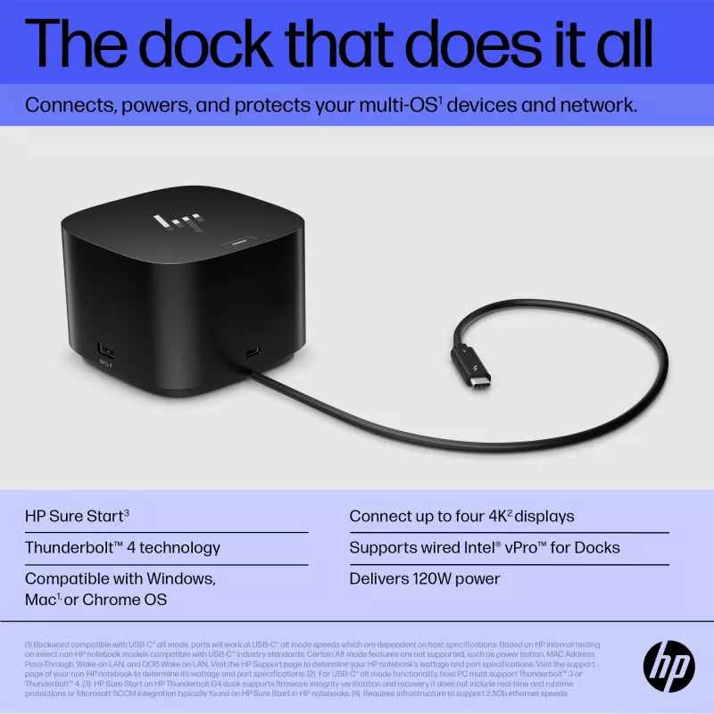 Stacja dokująca HP Thunderbolt Dock 120W G4, przewodowa, Thunderbolt 4, czarna, Kensington, Chiny, Tajlandia, Tajwan, biznesowa
