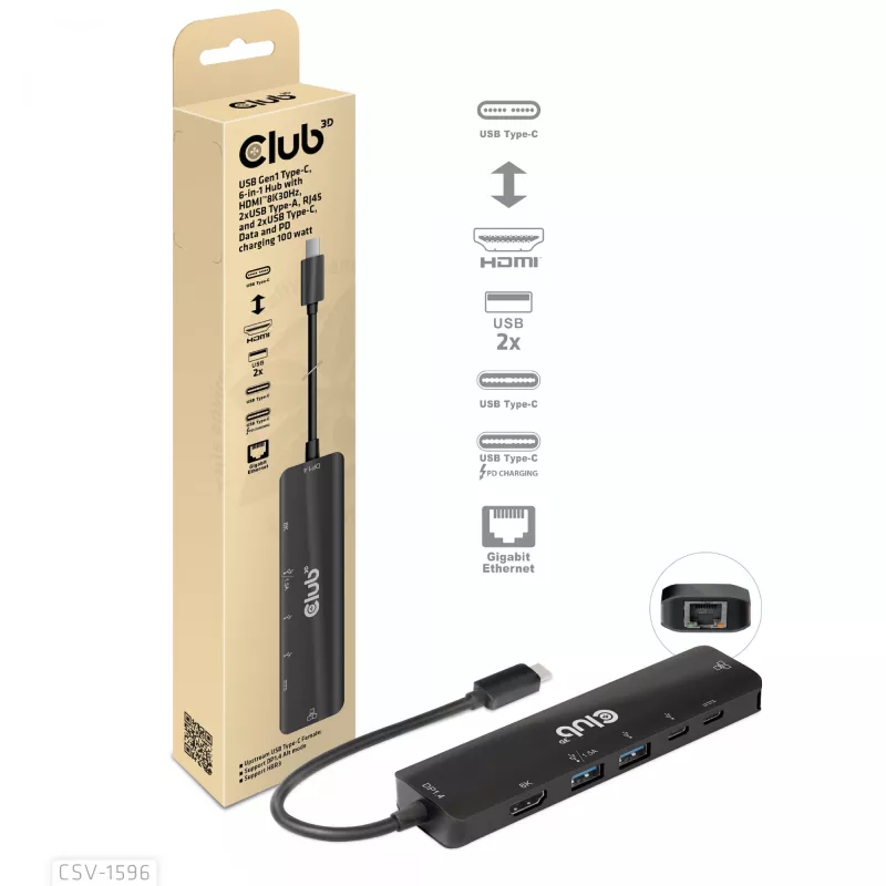 CLUB3D USB Gen1 Type-C, 6-w-1 Hub z HDMI 8K30Hz, 2xUSB Type-A, RJ45 i 2xUSB Type-C, dane i ładowanie PD 100 wat