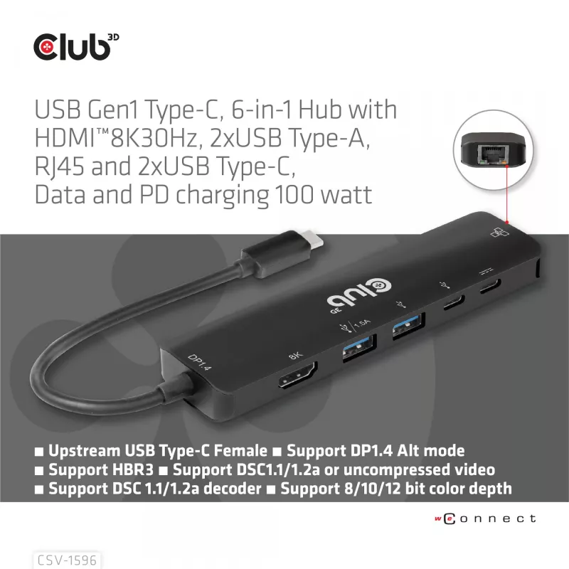 CLUB3D USB Gen1 Type-C, 6-w-1 Hub z HDMI 8K30Hz, 2xUSB Type-A, RJ45 i 2xUSB Type-C, dane i ładowanie PD 100 wat