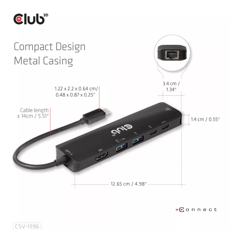 CLUB3D USB Gen1 Type-C, 6-w-1 Hub z HDMI 8K30Hz, 2xUSB Type-A, RJ45 i 2xUSB Type-C, dane i ładowanie PD 100 wat