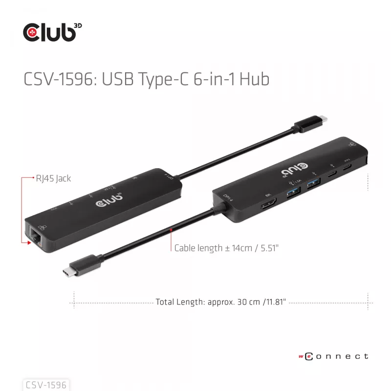 CLUB3D USB Gen1 Type-C, 6-w-1 Hub z HDMI 8K30Hz, 2xUSB Type-A, RJ45 i 2xUSB Type-C, dane i ładowanie PD 100 wat