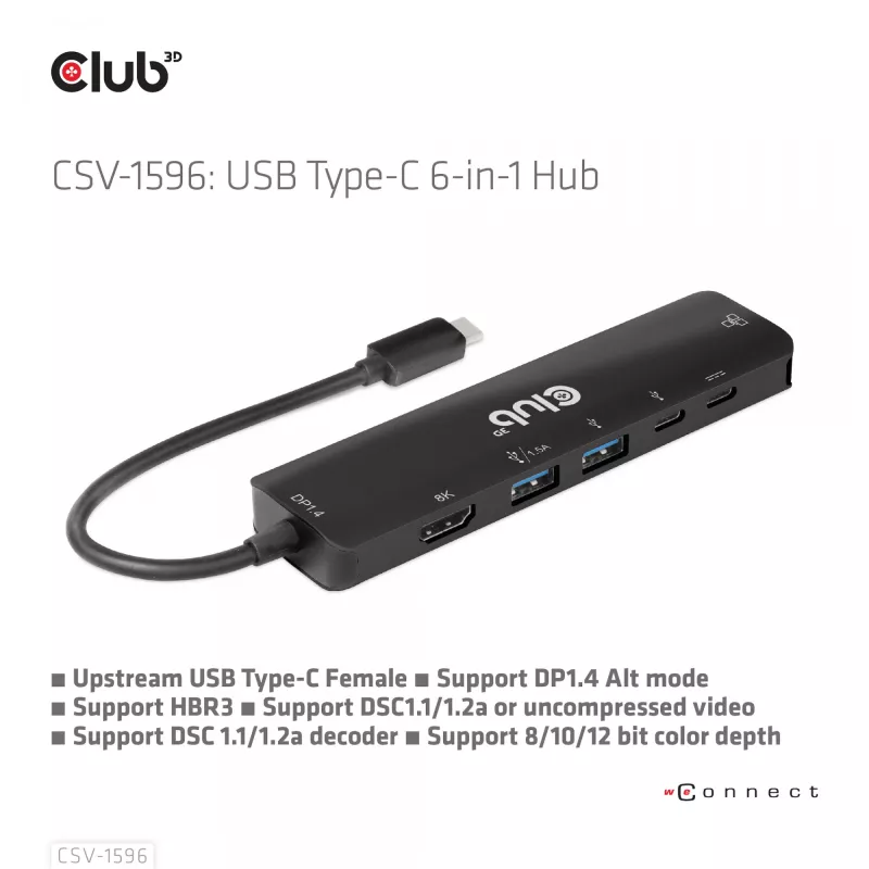 CLUB3D USB Gen1 Type-C, 6-w-1 Hub z HDMI 8K30Hz, 2xUSB Type-A, RJ45 i 2xUSB Type-C, dane i ładowanie PD 100 wat